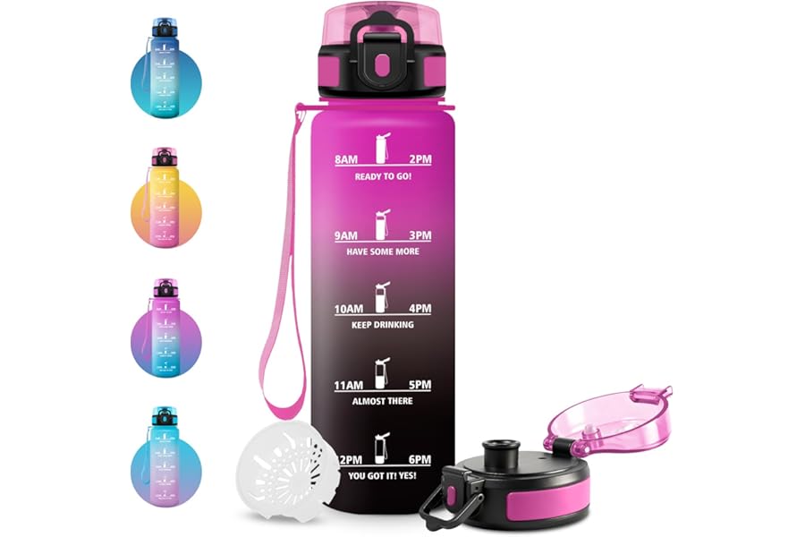 JAPORIA Motivational Water Bottle 1L with Time Marker and Filter, Reusable BPA Free Water Bottle, Leak Proof, Perfect for Adults, Students and Office