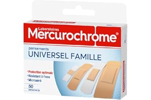 MERCUROCHROME - Pansements Universel Famille - 3 tailles - Protection optimale - Résistants à l'eau - Boite de 50 pansements