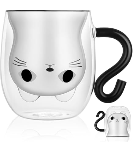 Bkinpid Cute Cat Double Wall Glass Mug, Black Cat 100