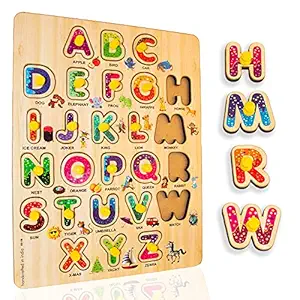 BuGBee Abcd Puzzle Toys for Kids, Alphabet Wooden Puzzle Wooden Toys for Toddler baby Learning Toy Educational Toys toddler baby toys jigsaw puzzles for boys & Kids Wooden Peg Puzzle board Games for kids Age 2 3 Years Old Child Children Boys Girls (Alphabet Puzzle)