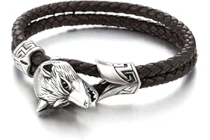 COOLSTEELANDBEYOND Głowa Wilka - Męska skórzana bransoletka ze stali nierdzewnej