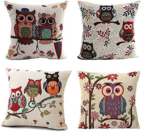 4 X Owls Pattern Cotton Linen Pillow Cover Square