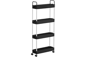 SONGMICS Storage Trolley,Slim Trolley, 4-Tier Kitchen Storage Trolley, Narrow Gap Bathroom Trolley with Wheels and Handles, 40 x 13 x 93 cm, Black KSC018B01