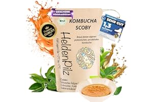 HeldenPilz® Fungo da tè Bio Kombucha – Vitaler, Scoby ad alta crescita con liquido di accoppiamento, fino a 6L Kombucha, garanzia di successo e istruzioni (lingua italiana non garantita), 100%