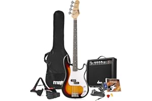 Max Gigkit Basse Electrique, Kit Complet Ampli 40 Watts, Housse, Stand, Cordes de Rechange, Accordeur, Sangle, Câble Jack et Médiators, Idéal pour Musicien Débutant ou intermédiaire - Sunburst