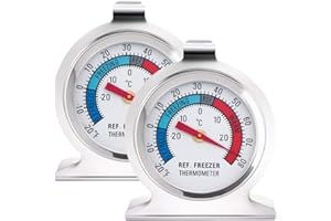 Anvin Refrigerator Thermometers Large Dial Freezer Thermometer with Dual-Scale -30~30°C/-20~80°F for Freezer Refrigerator Cooler, Hooks or Stands Alone Thermometers Durable Steel (Pack of 2)