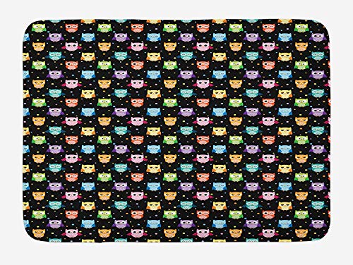 Doormats Owls Bath Mat, Colorful Birds with Different Expressions Funny Confused Serious Characters Dots, Plush Bathroom Decor Mat with Non Slip Backing, 23.6 W X 15.7 W Inches, Black Multicolor