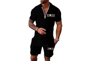 Tinarying Men's Tracksuit Polo Shirt & Shorts 2 Pieces Boss Flexx Apparel Men's 2-Piece Activewear Short Sleeve Polo Shirt and Shorts Set Casual Sportswear Zip-Up Top with Pocketed Pants