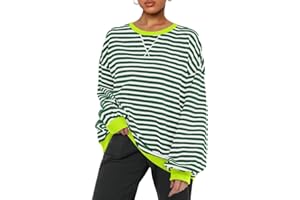 PANOZON Sudaderas Mujer Sin Capucha De para Moda Oversized Sudadera de Rayas con Bloques de Color Manga Larga Cuello Redondo Sweatshirt Jersey Holgado Informal Y2K Camisa Top