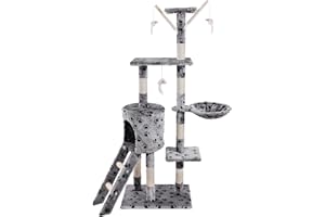 JL Comfurni Cat Tree Cat Tower, 140cm Cat Climbing Tower for Indoor Cats with Cat Scratching Post, Hammock and Ladder (Grey Paw)