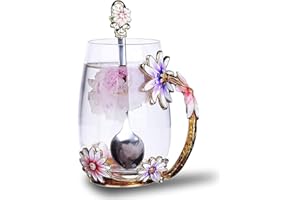 Biigming Tasse à thé en Verre émaillé de Papillons Fleurs avec Cuillère en acier, Cadeau Parfait pour Femme, épouse, Petite Amie, Fête des mères, Saint-Valentin, Anniversaire (Marguerites-350ml)