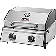 CosmoGrill Compact Gas Stainless Steel 2 Burner Barbecue, Built-in Temperature Gauge for Patio Terrace, Camping, Home Garden Party Outdoor BBQ Table Top Cooking