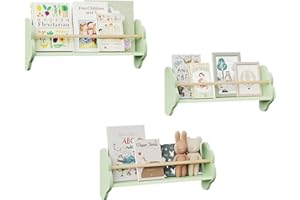 WOLTU Libreria da Parete per Bambini, 3 Mensole per Cameretta, Porta Libri e Giocattoli, Libreria Sospesa in Pino e MDF, Verde