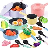 GILOBABY Kids Toy Kitchen Accessories, A Complete Playset with Play Food, Pots, Pans, Fruits & Vegetables, Realistic Cooking 