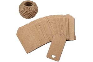 Febbya Targhette per Regali, Etichette di Carta Kraft 100 PCS con 10 Metri di Filato di Iuta per Cartoncino per Matrimonio,Bigliettini,Regalo,Bomboniere, Fai da Te
