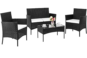 LEADZM Gartenmöbel Set,Balkonmöbel,Polyester Rattan Sitzgarnitur,Balkonmöbel,Wetterfest,UV-Schutz, Sitzplätze für 4 Personen,Sofa für 2 Personen, 2 Einzelsessel,für Wohnzimmer,Balkon, Garten,Schwarz