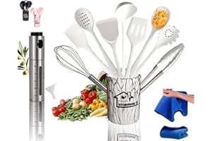 KRAPPS Utensilios de Cocina - Utensilios de Cocina de Silicona + Pulverizador Aceite Spray + Trapos Cocina | Accesorios Cocina | Espatulas Silicona Cocina | Pinzas Cocina | Bote Almacenaje Cocina (Blanco)