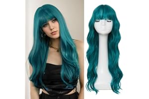 ‎SIUDUS Blaue Lockige Gewellte Lange Perücken für Frauen Natürliche Marine Haar Perücke mit Bangs Synthetische Hitzebeständige Faser Cosplay Halloween Perücke