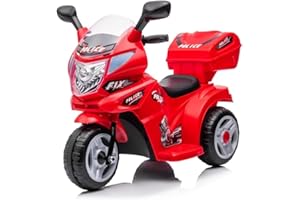 EMK TRADING LTD Kids 3 Wheel Electric Police Motorbike, 6V Battery Motorcycle with Headlights and Storage Box, Vehicle for Kids (Red)