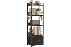 Aibiju Scaffale a Scala, Libreria a 5 Livelli con Cassetto in Tessuto, Scaffale a Scala Industriale,Libreria Alta e Stretta con Ripiani per Camera da Letto, Soggiorno, Nero YD-BC001B