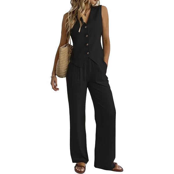 Ensemble 2 Pièces Femme En Lin - Gilet Sans Manches Col V Pantalon Jambes Larges - Tenue Décontractée Chic Pour été, Bureau Ou Sortie Ensemble 2 Pièces Femme En Lin - Gilet Sans Manches Col V Pantalon Jambes Larges - Tenue Décontractée Chic Pour été, Bureau Ou Sortie
