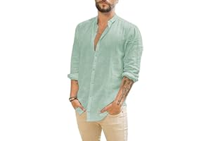 Friptspyg Uomo Camicia Lino Cotone a Maniche Lunghe Casual Camicia da Spiaggia vestibilità Regolare Camicie Estive