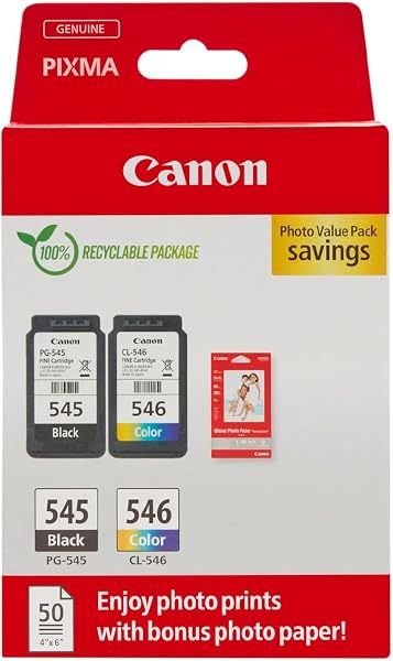Canon Ink & Paper Multipack - PG-545/CL-546 Genuine Printer Ink Cartridges 2 Pack (1 x Black, 1 x Colour) & 4x6 Photo Paper (50 x Sheets) For TS3350, TS4550, TS3450, TS3150, TR4650, MX495 - 1