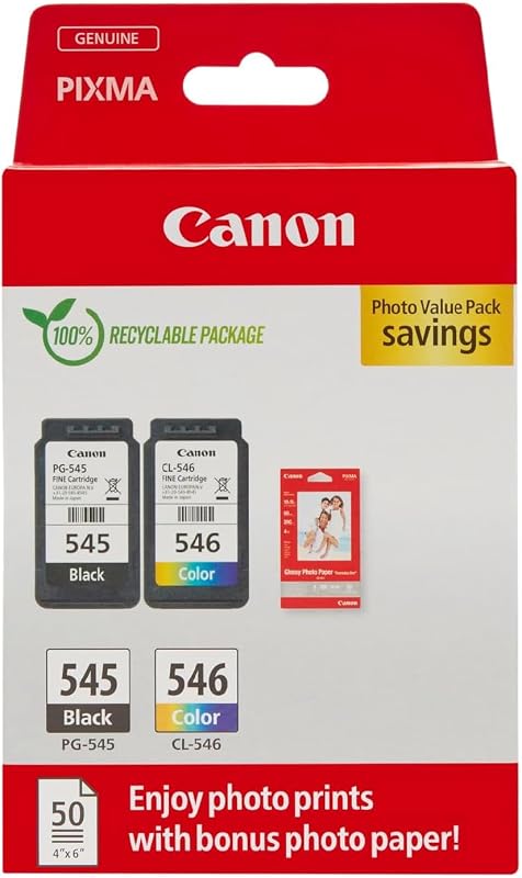 Canon Ink & Paper Multipack - PG-545/CL-546 Genuine Printer Ink Cartridges 2 Pack (1 x Black, 1 x Colour) & 4x6 Photo Paper (50 x Sheets) For TS3350, TS4550, TS3450, TS3150, TR4650, MX495
