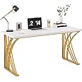 Tribesigns 55’’ Large Modern Computer Desk, White & Gold Luxury Laptop PC Student Table, Makeup Vanity Table with Thick Frame & Strong Legs, Sturdy Writing Workstation for Home & Office
