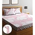 Home Sizzler 144TC Kid's Elephant & Kitty Elastic Fitted Double Bedsheet (72X78 Inch) with 2 King Size Pillow Covers