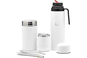 BALIBETOV Kit de Mate Argentino - Calabaza Mate Moderna, Termo Mate, Contenedor para Yerba Mate (Yerbero), Bombilla (Sorbete) y Cepillo de limpieza - Acero inoxidable 304 18/8 (Blanco)