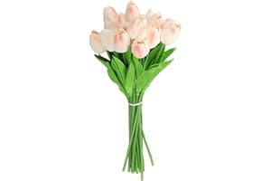 sourcing map 20pcs Tulips Artificial Flowers, Faux Flowers Silk Fake Tulip Stems Real Touch for Wedding Bouquet Centerpiece Table Party Decoration(Light Peach Pink)