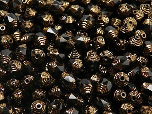 25pcs 8x6mm Cathedral Beads - Czech Glass Faceted Fire-Polished Beads in the form of Olive, Jet Black Bronze Ends