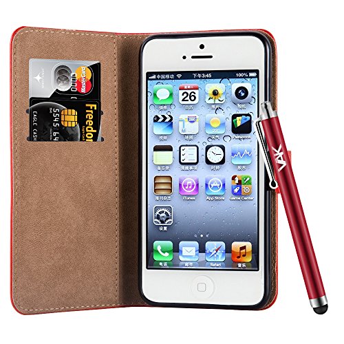 iPhone 5 / 5S / SE - New Flip Wallet Book [Stand View] Premium Leather Case Cover For Apple iPhone 5 / 5S /SE+ Screen Protector With Microfibre Polishing Cloth By Panaaz (Red)