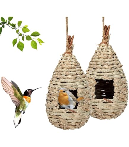 Nichoir à Oiseaux Tissé Main En Osier - 15x19cm, Suspension, Naturel, Pour Colibris Et Petits Oiseaux