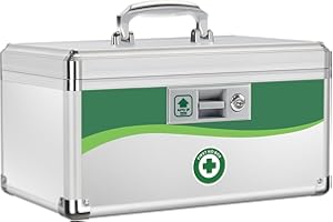 ZORVIDSON Lockable Medicine Box, Medication Storage with Key Lock, Portable First Aid Safe Empty Box, Layered Aluminum Daily Medicine Organiser for Home 14 * 8.46 * 7.48 Inch (Large - 14inch)