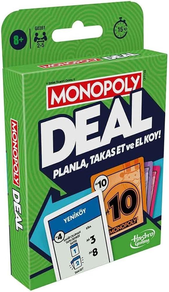 Monopoly Deal Kart Oyunu | Hızlı Oynanan Kart Oyunu | Aileler ve Çocuklar İçin Eğlenceli Oyun | 8 Yaş ve Üzeri | 2-5 Oyuncu | 15 Dakika | Seyahat Oyunu | Türkçe Versiyon