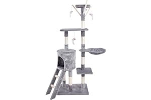 JL Comfurni Cat Tree 140cm Cat Climbing Tower Indoor Cat Activity Trees with Ladder Cat Scratching Post for Kitty Kitten (Grey)