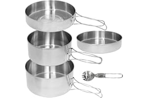 BeGrit Camping Pans 4 Pcs Hiking Cookware Collapsible Cooking Pot Set Stackable Outdoor Saucepans Stainless Steel Cooking Utensils with Frying Pan & Pot for Outdoor Camping Hiking Picnic