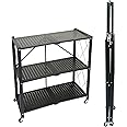 MEISHIDA 3-Tier Foldable Storage Shelves, Multi-Functional Standing Metal Shelf with Wheels, Multi-Tier Folding Shelf for Bedroom,Living Room,Garage,Office (Black)