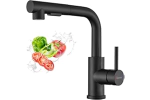 Matt Black Kitchen Taps with Pull Out Spray, DAYONE SUS304 Stainless Steel Sink Mixer Bar Taps, 2 Spray Functions Sink Mixer Tap, 360° Swivel Single Lever Kitchen Faucet