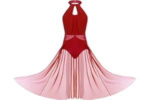 inlzdz Women's Lyrical Ballet Dance Leotard Mock Neck Mesh Tulle Long Dress Modern Contemporary Sleeveless Dancewear