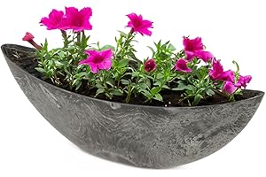 MATCHES21 HOME & HOBBY Oval Plant Bowl for Outdoor Use - Large Ship Decorative Bowl in Black Stone Look as Flower Pot Plant Pot - 55 cm Jardiniere for Garden Balcony or Cemetery as Grave Decoration