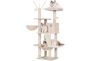 Hey-brother Cat Tree, 135 cm wieża dla kotów domowych, domek dla kota z wyściełanym legowiskiem, piłeczkami, dużym przytulnym mieszkaniem, hamakami i sizalowymi drapakami, beżowy EMPJ019-SM