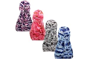 Treer 4pcs Silk Durag for Men Women, Long Tail Durag Headwraps Unisex Sport Cap Pirate Bandanas Turban for 360 Waves, Camouflage print