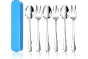 Kinderbesteck, Herogo 7-teilig Edelstahl Kinder besteck Kindergeschirr Set mit 3 Kindergabeln, 3 Kinderlöffel, 1 Tragbares Etui, Ungiftig & Gesund, Spiegelfinish & Spülmaschinenfest, Metall Silber