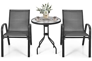 GYMAX Set Bistro da Esterno 3 Pezzi, 2 Poltrone e 1 Tavolino in Vetro Temprato, Telaio in Acciaio, per Giardino, Cortile, Balcone, Grigio