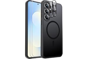 Ezanmull für Samsung Galaxy S25 FE Hülle Magnetisch Stoßfest, 2 Glas Bildschirm Schutzfolie + 2 Kamera Objektiv Schutzfolie, Transparente Anti-Fingerabdruck Hülle für Galaxy S25 FE (Schwarz)