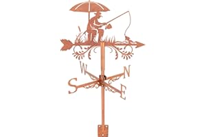 SUPERDANT Fishing Weather Vane for Roof Fish Man Metal Weathervane Bank Fishing Wind Vanes for Sheds Copper Wind Direction Indicator for Farmhouse Yard Farm Shed Garden Decoration