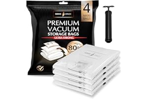 GENIE SPACE Premium Vacuum Storage Bags for Clothes, Bedding and Travel, Maxi Size 110x90cm, Airtight, Reusable and Odour-Proof Space Saver Bags with Double Seal, 4 Pack with Travel Pump